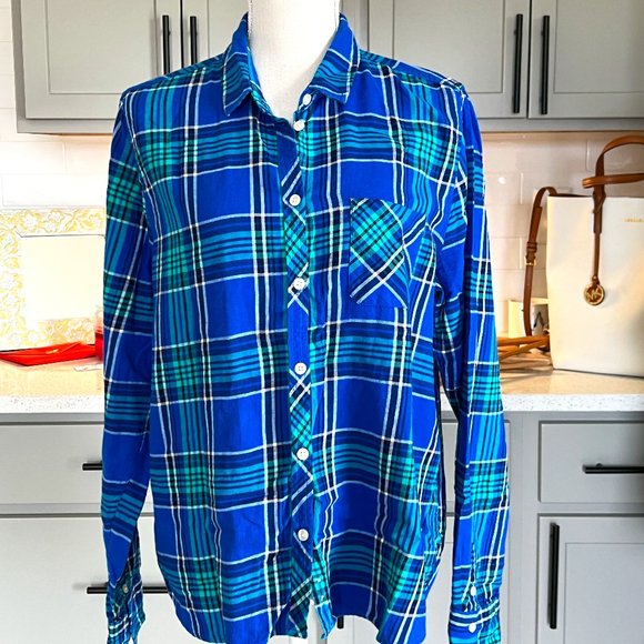 American Eagle Outfitters 100% Cotton Blue Green Plaid Women's Button-Up Size XL - Picture 1 of 6